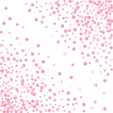 İzole edilmiş arka planda pembe parıltılı konfeti konfetileri. Parlak kıvılcımlarla düşen pullar. Tebrik kartı, düğün öncesi parti ve davetiye için pembe noktalı şablon.