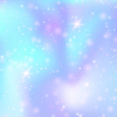 Gökkuşağı örgülü sihirli bir arka plan. Prenses renklerinde modaya uygun evren afişi. Hologramla fantezi gradyanı. Peri parıltıları, yıldızlar ve bulanıklıklarla holografik büyü arka planı.