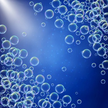 Şampuan köpüğü köşegen çerçeve üzerinde gerçekçi su kabarcıkları ile mavi arka planda güneş ışığı parlaması. Banyo ve duş için sıvı sabun köpüğü temizliyorum. Şampuan gökkuşağı kabarcıkları. Yüzme havuzu broşürü ve davetiyesi.