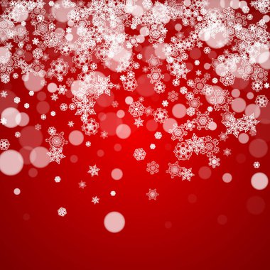 Kırmızı arka planda kar yağan bir Noel çerçevesi. Noel Baba renkleri. Afişler, hediye kartları, parti davetiyeleri ve özel iş teklifleri için beyaz buz gibi kar taneleriyle mutlu Noeller..