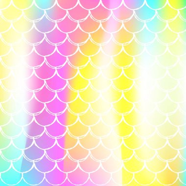 Holografik ölçekli bir denizkızı geçmişi var. Parlak renk değişimi. Balık kuyruğu afişi ve davetiye. Kızlar için su altı ve deniz şablonu. Değişken denizkızıyla renkli arkaplan.