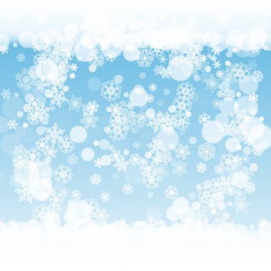 Mavi arka planda yeni yıl çerçevesi. Kış penceresi. Noel ve Yeni Yıl aralığı ve yağan kar. Sezon satışları, özel teklifler, afişler, kartlar, parti davetiyeleri, el ilanları. Beyaz buz gibi kar taneleri.