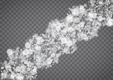 Snowflake border for Christmas and New Year holidays. Horizontal snowflake border on transparent background with sparkles. For banners, gift coupons, vouchers, ads, party events. Falling frosty snow.