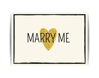 Aşk sembollü tipografik düğün kartı. Mesajla evlen benimle. Parlak pullu altın dokular. Sevgililer günü kartı, düğün davetiyesi, tişört, etiketler, kartpostallar. Vektör EPS10 illüstrasyonu.