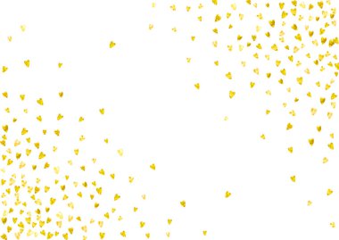 Altın kalpli düğün konfetisi. Sevgililer Günü. Vektör arkaplanı. El yapımı doku. Parti daveti, perakende satış teklifi ve reklam için aşk teması. Kalpli düğün konfeti şablonu.