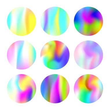 Hologram soyut arkaplan oluşturuldu. Sıvı Gradyan arkaplanı hologramla. 90 'lar, 80' ler modası. Pankart, el ilanı, kapak, mobil arayüz, web uygulaması için Pearlescent grafik şablonu.