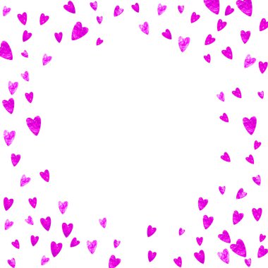 Pembe kalpli sevgililer günü kartı. 14 Şubat. Sevgililer Günü kartı şablonu için vektör konfetisi. Grunge el çizimi dokusu. Poster, hediye çeki ve afiş için aşk teması.