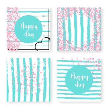 Parlak konfeti ve çizgili düğün davetiyesi. Nane ve beyaz arka planda pembe kalpler ve noktalar. Düğün davetiyesi şablonu parti, etkinlik, düğün partisi, tarih kartını kaydet.