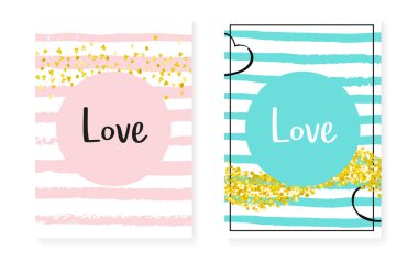 Noktalı altın pullar. Düğün ve düğün davetiyeleri konfeti ile hazırlandı. Dikey çizgili arka plan. Parti için yaratıcı altın parıltılı pullar, olay, tarih ilanı kaydet.