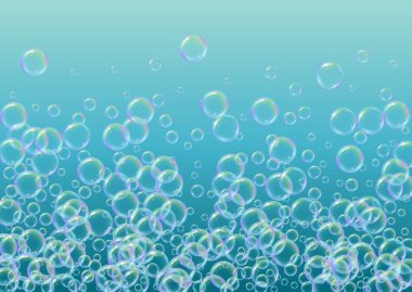 Banyo köpüğü eğimli arka planda. Gerçekçi su kabarcıkları 3 boyutlu. Şampuan köpüklü serin gökkuşağı renkli sıvı köpük. Yatay kozmetik broşür ve davetiye. Banyo köpüğü banyo ve duş için..