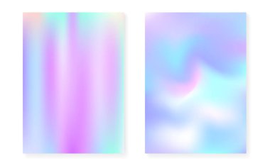 Hologram gradyan arkaplan seti. 90 'lar, 80' ler modası. Tahta, sunum, afiş ve broşür için yanardöner grafik şablonu. Renkli minimal holografik kapak.