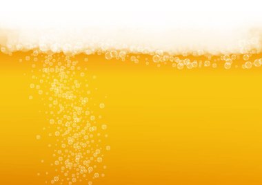 Bira festivali arka planı ve gerçekçi baloncuklar. Bar ve bar tasarımı için serin sıvı içecek, afişler ve afişler. Sarı yatay bira festivali arka planı köpüklü. Bira fabrikası tasarımı için soğuk bir bardak bira..