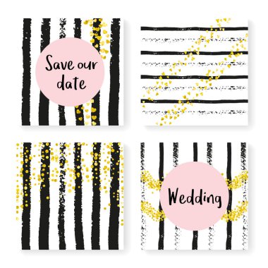 Parlak konfeti ve çizgili düğün davetiyesi. Siyah ve beyaz arka planda altın kalpler ve noktalar. Düğün davetiyeli tasarım parti, etkinlik, düğün partisi, tarih kartı kaydet.