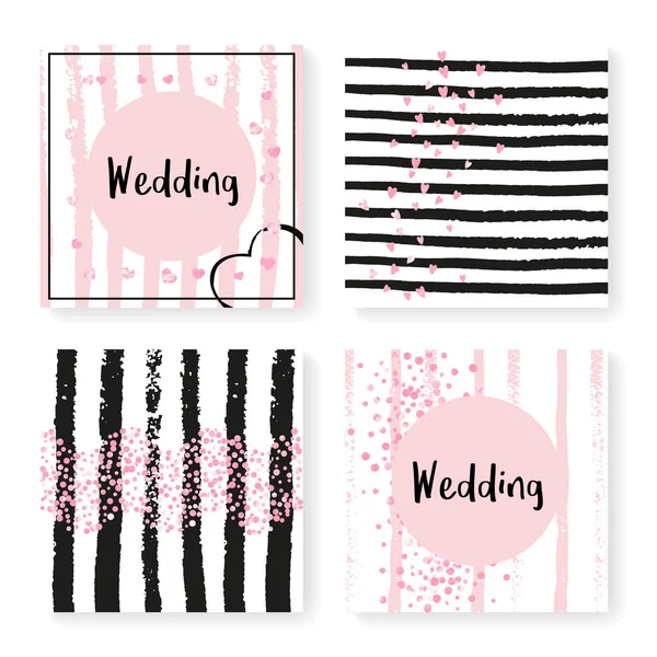 Wedding Confetti Stripes Invitation Set Pink Hearts Dots Black Pink — Stock Vector