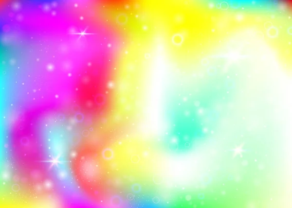 虹色のメッシュでホログラフィックな背景 プリンセスカラーのガーリッシュ宇宙バナー ホログラムでファンタジーグラデーションの背景 妖精の輝きとホログラフィックユニコーンの背景 星とぼかし — ストックベクタ