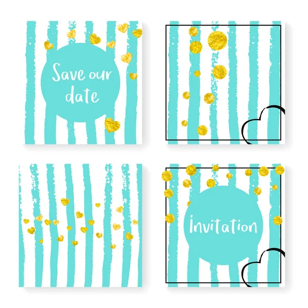 Conjunto Invitación Boda Con Confeti Purpurina Rayas Corazones Puntos Dorados — Vector de stock