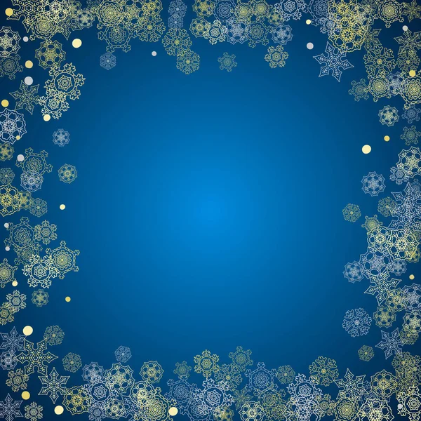 青い背景に金の雪の結晶を持つ新年のフレーム 冬の窓 クリスマスとお正月のギフト券 バナー チラシ 販売オファー イベント招待状のフレーム キラキラと輝く雪 — ストックベクタ