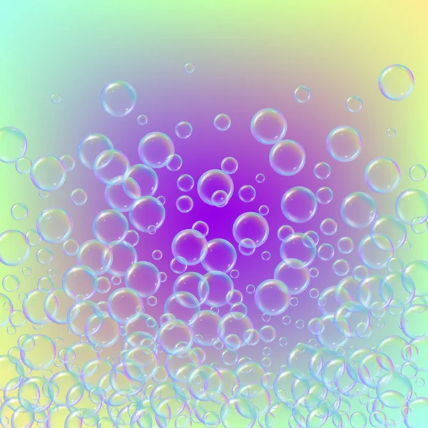 梯度背景上的肥皂泡沫 现实的水泡3D 凉爽的彩虹色液体泡沫与洗发水泡沫 化妆品传单和邀请函 洗澡水和淋浴用肥皂 病媒Eps10 — 图库矢量图片