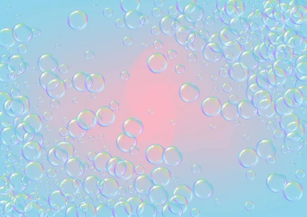 グラデーションの背景にバスフォーム 現実的な水の泡3D シャンプー泡でクールな虹色の液体泡 水平化粧チラシと招待 浴室とシャワー用のバスフォーム — ストックベクタ