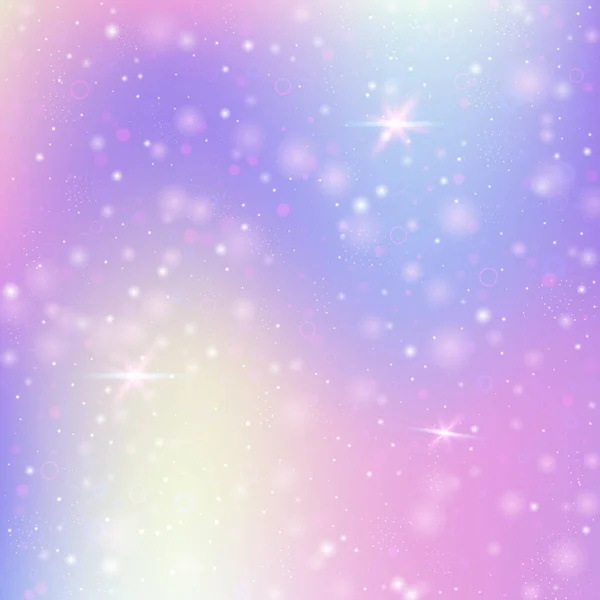 レインボーメッシュのユニコーンの背景 プリンセスカラーのカワイイ宇宙バナー ホログラムでファンタジーグラデーションの背景 魔法の輝きとホログラフィックユニコーンの背景 星とぼかし — ストックベクタ