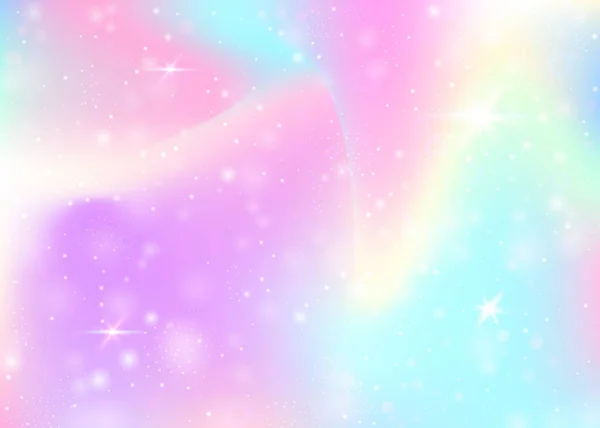 虹色のメッシュでホログラフィックな背景 プリンセスカラーのカラフルな宇宙バナー ホログラムでファンタジーグラデーションの背景 妖精の輝きとホログラフィックユニコーンの背景 星とぼかし — ストックベクタ