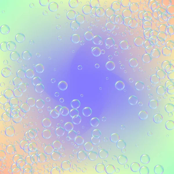 グラデーションの背景にバスフォーム 現実的な水の泡3D シャンプー泡でクールな虹色の液体 化粧品のチラシと招待 バスルームとシャワー用のバスフォーム ベクトルEps10 — ストックベクタ