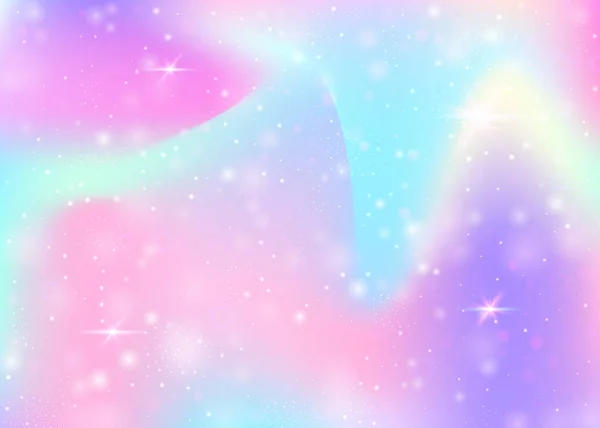 虹色のメッシュで魔法の背景 プリンセスカラーの多色宇宙バナー ホログラムでファンタジーグラデーションの背景 妖精の輝きとホログラフィックな魔法の背景 星とぼかし — ストックベクタ