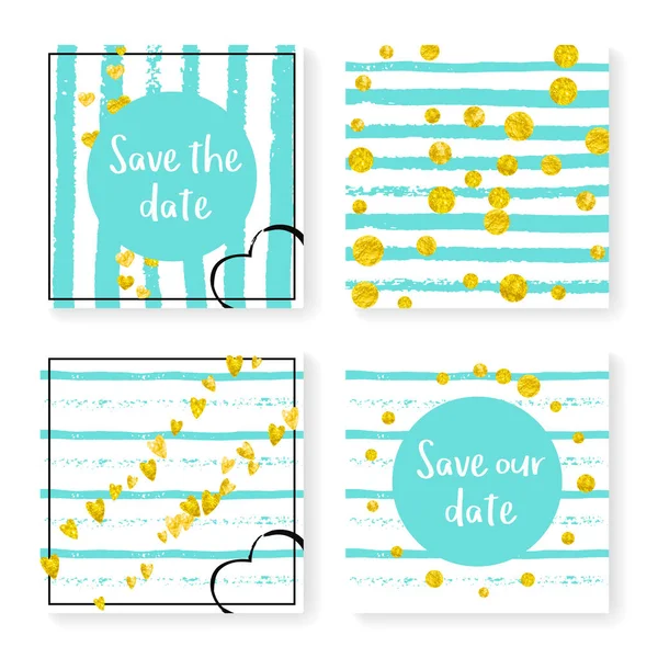 Conjunto Invitación Boda Con Confeti Purpurina Rayas Corazones Puntos Dorados — Vector de stock