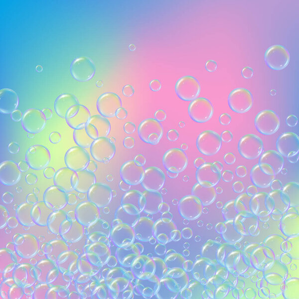 Soap foam on gradient background. Realistic water bubbles 3d. Cool rainbow colored liquid foam with shampoo bubbles. Cosmetic flyer and invite. Soap for bath and shower. Vector EPS10.