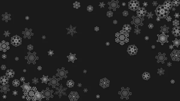 Argento Cornice Fiocchi Neve Sfondo Nero Cornice Orizzontale Lucida Natale — Vettoriale Stock