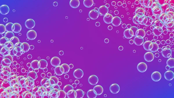 在梯度背景上清洗泡沫 现实的水泡3D 凉爽的彩虹色液体泡沫与洗发水泡沫 化妆品传单和邀请函 洗浴和淋浴用肥皂泡沫 — 图库矢量图片