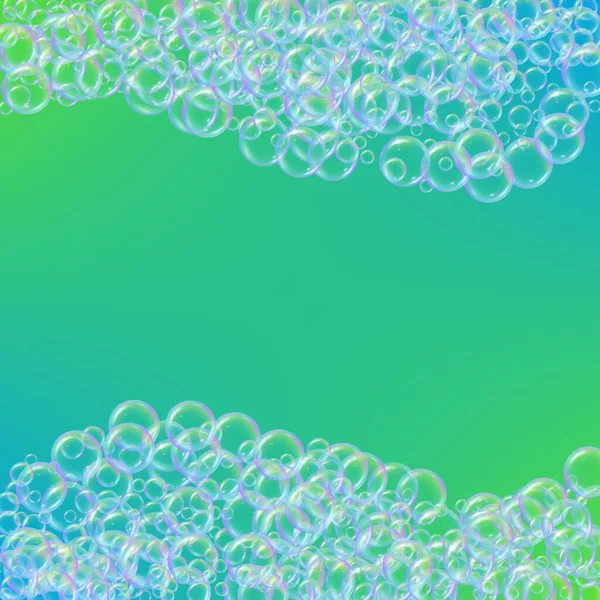 Schampo Bubblor Lutning Bakgrund Realistiska Vattenbubblor Cool Regnbågsfärgad Flytande Skum — Stock vektor