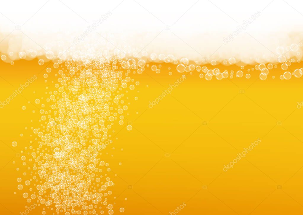 Beer background. Craft lager splash. Oktoberfest foam. Froth pint of ale with realistic white bubbles. Cool liquid drink for pab flyer design. Golden bottle with beer background.