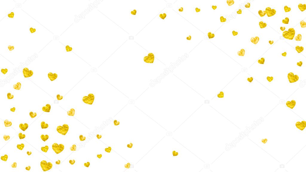 Wedding confetti with gold glitter hearts. Valentines day. Vector background. Hand drawn texture. Love theme for voucher, special business banner. Wedding confetti template with hearts.