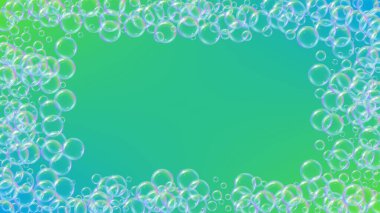 Küvet köpüğü. Deterjan köpüğü ve banyo köpüğü. Şampuan. Çoklu renkli köpük ve su sıçraması. Gerçekçi su çerçevesi ve sınır. 3D vektör illüstrasyon posteri. Yeşil renkli sıvı küvet köpüğü..