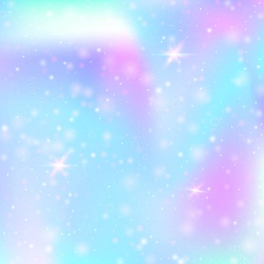 Gökkuşağı örgülü tek boynuzlu at arka planı. Prenses renklerinde modaya uygun evren afişi. Hologramla fantezi gradyanı. Sihirli parıltıları, yıldızları ve bulanıklığı olan holografik tek boynuzlu at arka planı.