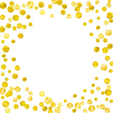 Arkaplanda noktalar olan altın parıltısı konfetileri. Parlak parıltılı pullarla rastgele düşen pullar. Parti davetiyesi, bayrak, tebrik kartı, düğün öncesi parti için altın parıltılı konfeti şablonu.