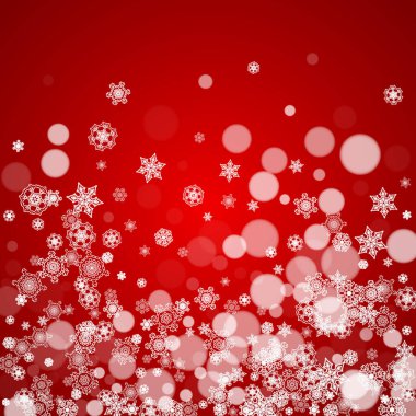 Kırmızı arka planda kar yağan bir Noel çerçevesi. Noel Baba renkleri. Afişler, hediye kartları, parti davetiyeleri ve özel iş teklifleri için beyaz buz gibi kar taneleriyle mutlu Noeller..