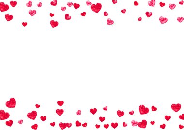 Sevgililer günü sınırı kırmızı parıltılı. 14 Şubat günü. Sevgililer Günü sınır şablonu için vektör konfetisi. Grunge el çizimi dokusu. Kupon için aşk teması, özel iş ilanı, afiş.