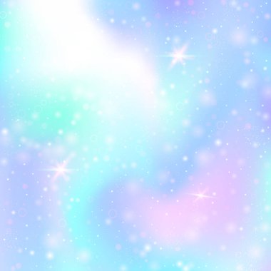 Gökkuşağı örgülü peri arkaplanı. Prenses renginde kız evren afişi. Hologramla fantezi gradyanı. Sihirli parıltıları, yıldızları ve bulanıklıkları olan holografik peri arkaplanı.