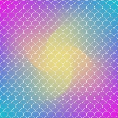 Moda eğilimli arka planda deniz kızı kuyruğu. Deniz kızı kuyruğu süsüyle kare arkaplan. Parlak renk değişimi. Balık pulu afişi ve davetiyesi. Su altı ve deniz deseni. Gökkuşağı renkleri.