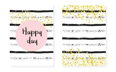 Noktalı ve pullu altın parıltısı konfetisi. Düğün ve düğün davetiyeleri ayarlandı. Dikey çizgili arka plan. Parti için son moda altın parıltılı konfeti, etkinlik, tarih ilanını kaydet.