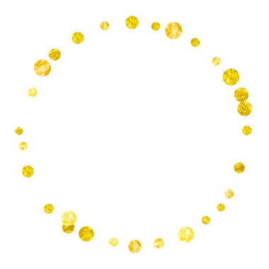 İzole edilmiş arka planda altın parıltısı konfetileri. Metalik kıvılcımlı parlak pullar. Parti davetiyesi, olay afişi, ilanı, doğum günü kartı için altın parıltılı şablon..