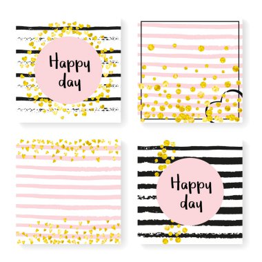 Parlak konfeti ve çizgili düğün davetiyesi. Siyah ve pembe arka planda altın kalpler ve noktalar. Düğün davetiyeli tasarım parti, etkinlik, düğün partisi, tarih kartı kaydet.