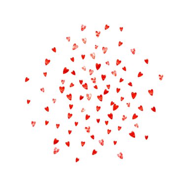 Kırmızı kalpli sevgililer günü indirimi. 14 Şubat günü. Sevgililer Günü satış şablonu için vektör konfetisi. Grunge el çizimi dokusu. Hediye kuponları, kuponlar, reklamlar, etkinlikler için aşk teması.