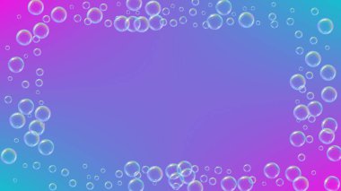 Banyo köpüğü eğimli arka planda. Gerçekçi su kabarcıkları 3 boyutlu. Şampuan köpüklü serin gökkuşağı renkli sıvı köpük. Kozmetik broşür ve davetiye. Banyo köpüğü ve duş için. Vektör EPS10.