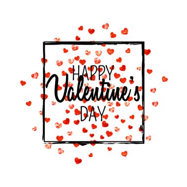 Kırmızı kalpli sevgililer günü kartı mı? 14 Şubat. Sevgililer Günü kartı şablonu için vektör konfetisi. Grunge el çizimi dokusu. Parti daveti, perakende satış teklifi ve reklam için aşk teması.