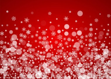 Kırmızı arka planda Noel karı. Noel Baba renkleri. Kış afişi için yatay çerçeve, hediye kuponu, kupon, ilan, parti etkinliği. Yeni yıl ve Noel kar tasarımı. Kutlama için düşen kar taneleri