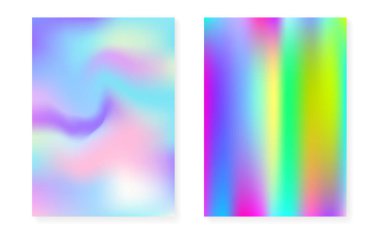 Hologram gradyan arka planı holografik kapaklı. 90 'lar, 80' ler modası. Broşür, pankart, duvar kağıdı, mobil ekran için Pearlescent grafik şablonu. Floresan minimum hologram gramı gradyanı.