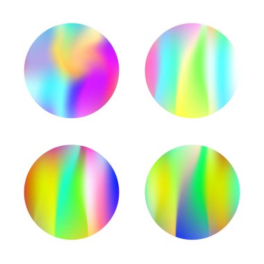 Gradyan yuvarlak set ve holografik ağ. Fütürist soyut eğimli yuvarlak arka planlar. 90 'lar, 80' ler modası. Broşür, el ilanı, poster, duvar kağıdı, mobil ekran için yanardöner grafik şablonu.